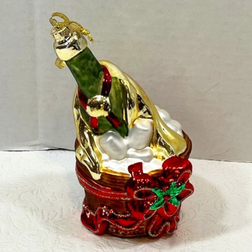 VTG Hand Blown Glass Champagne Wine Bottle Ice Bucket 6” Christmas Ornament